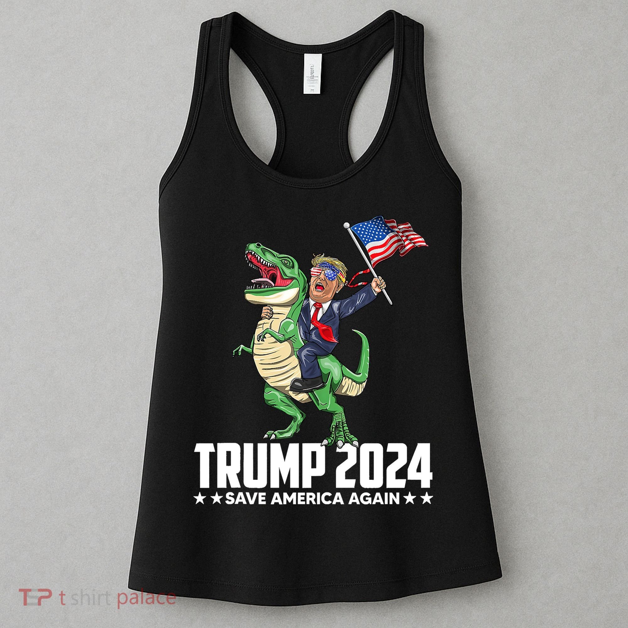Trump Riding Dinosaur Save America Again Women's Tank Top
