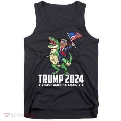 Trump Riding Dinosaur Save America Again Tank Top