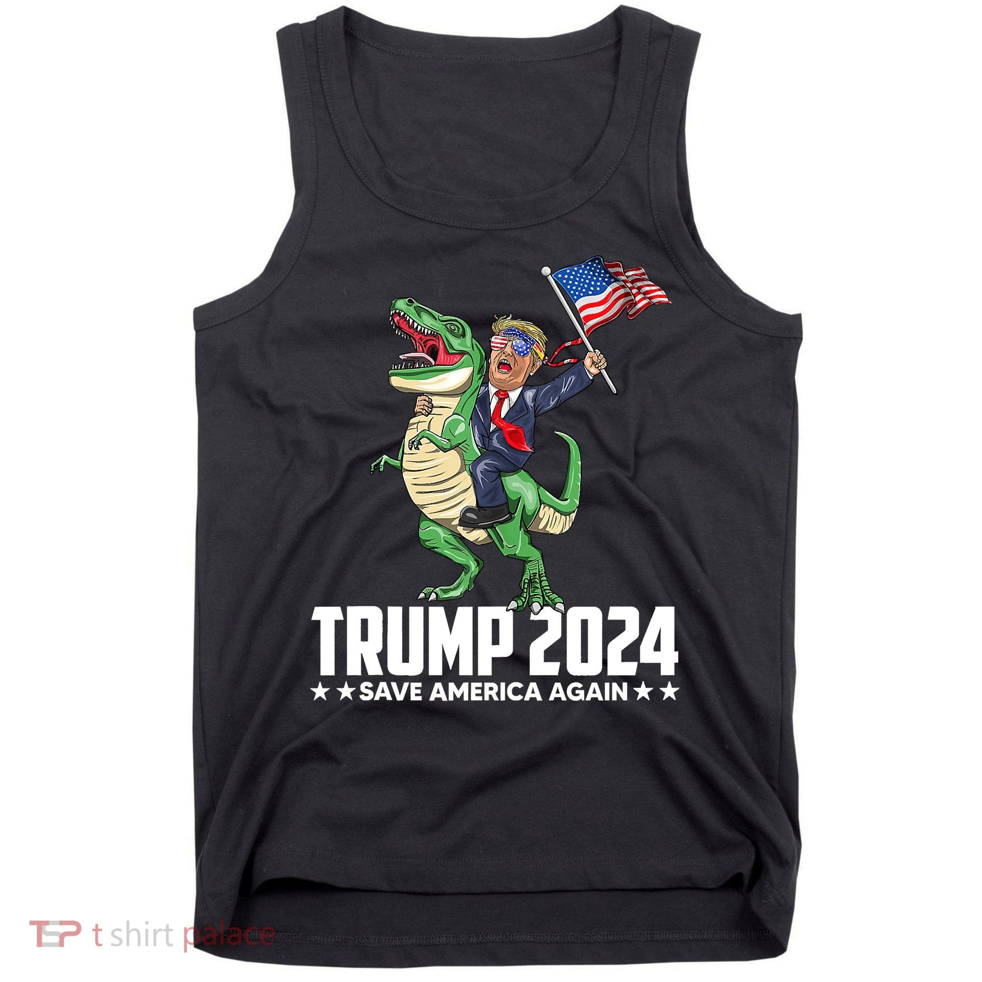 Trump Riding Dinosaur Save America Again Tank Top