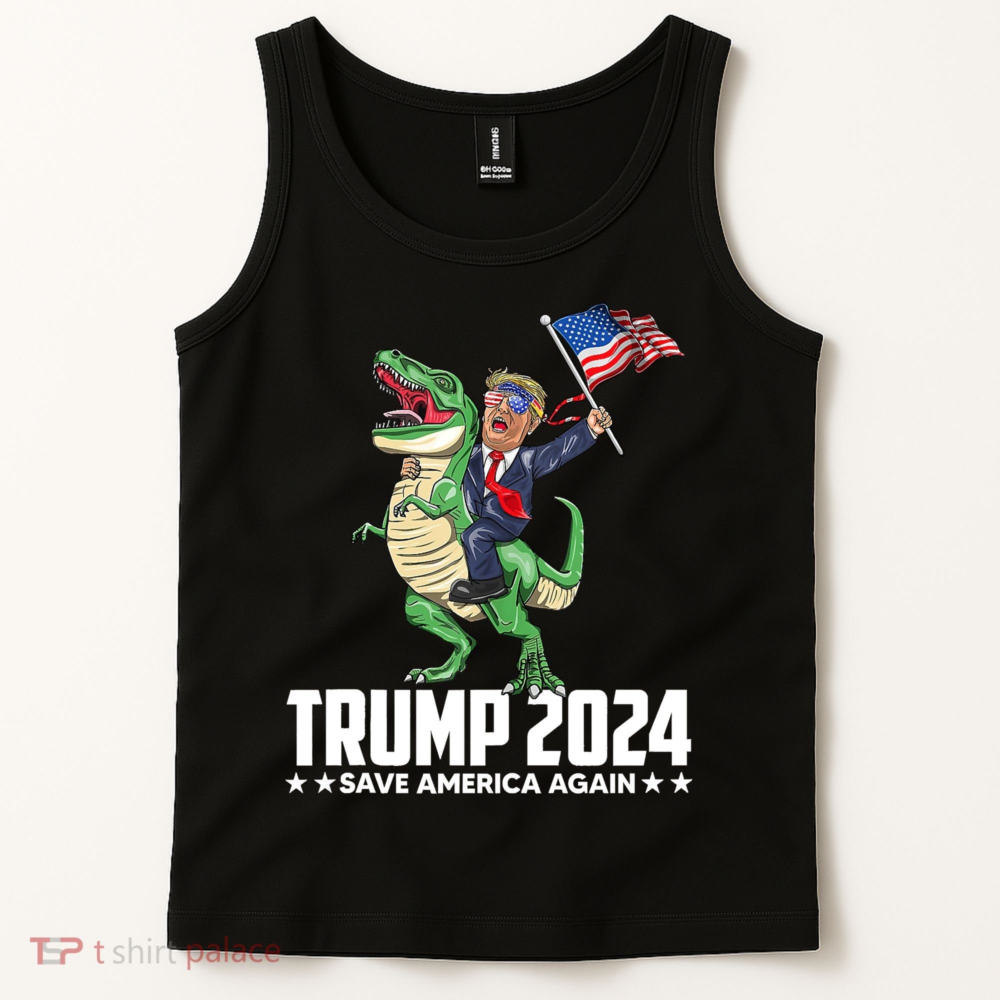 Trump Riding Dinosaur Save America Again Tank Top