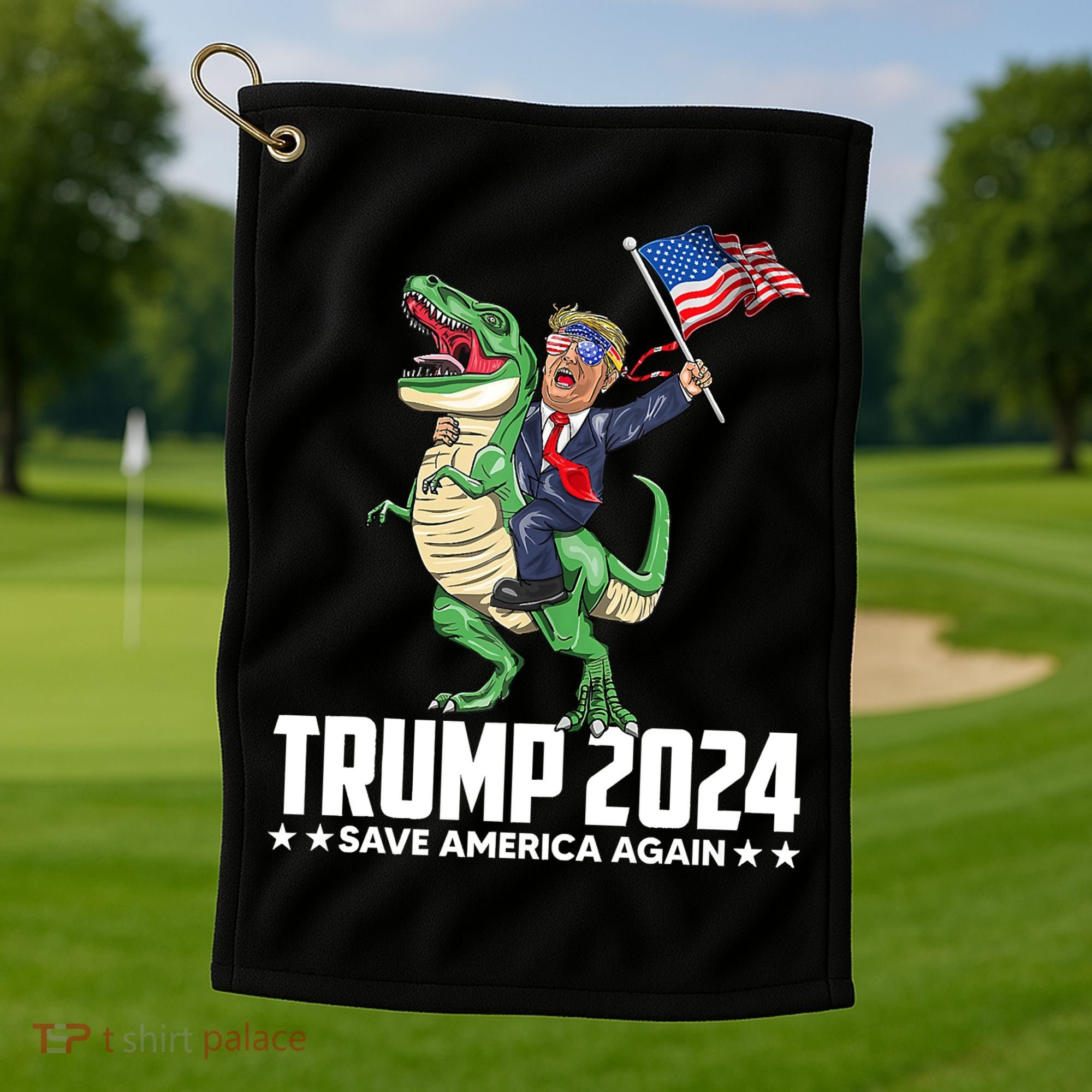 Trump Riding Dinosaur Save America Again Golf Towel