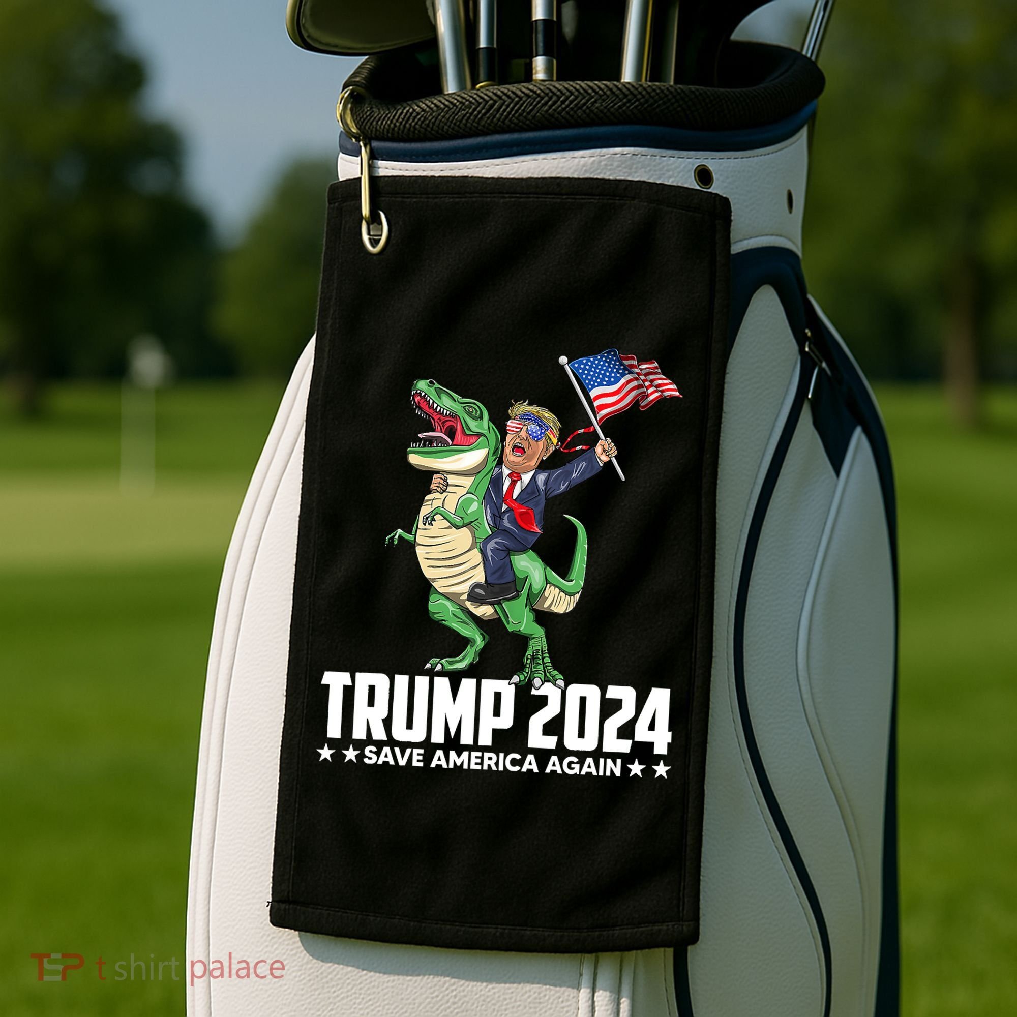 Trump Riding Dinosaur Save America Again Golf Towel