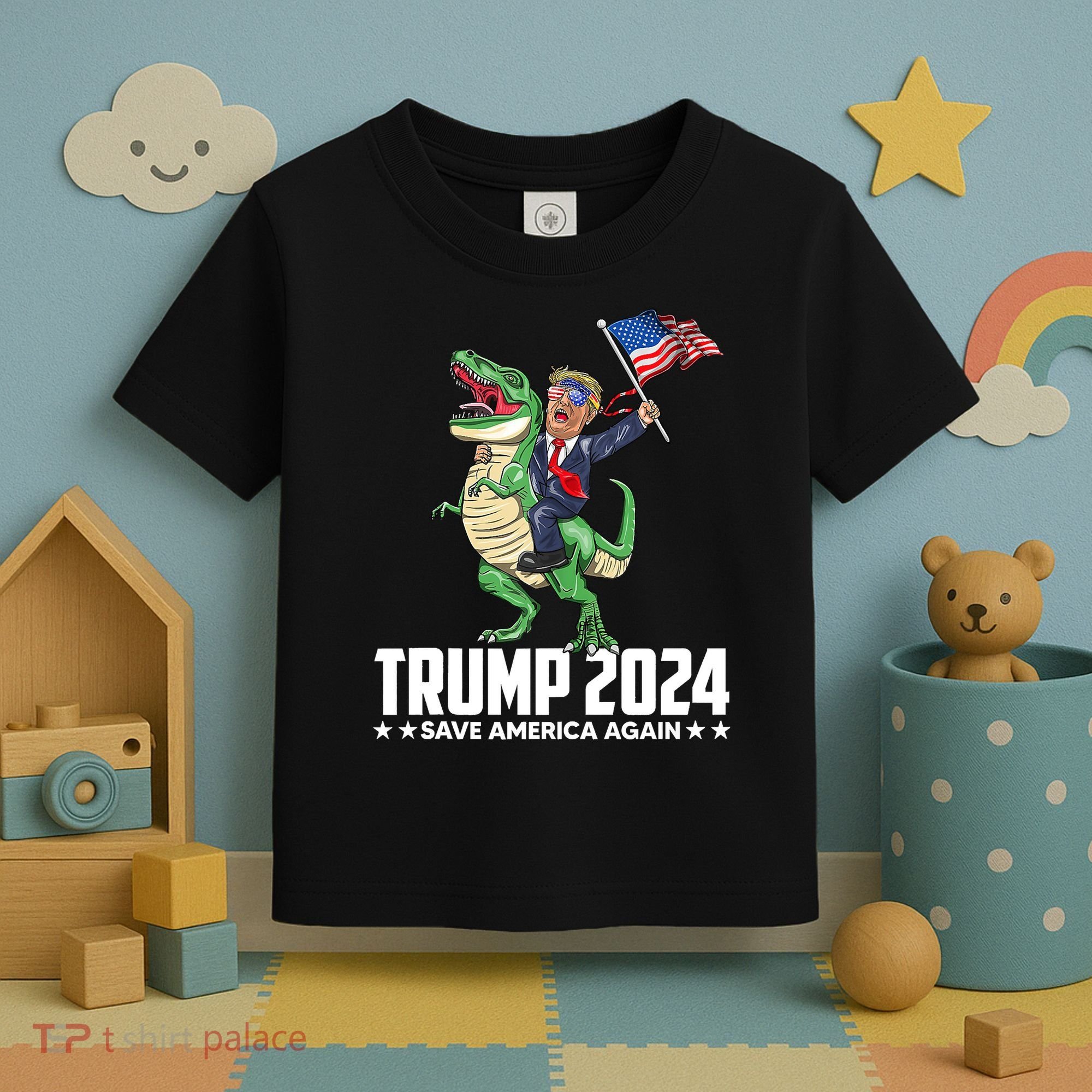 Trump Riding Dinosaur Save America Again Toddler T-Shirt