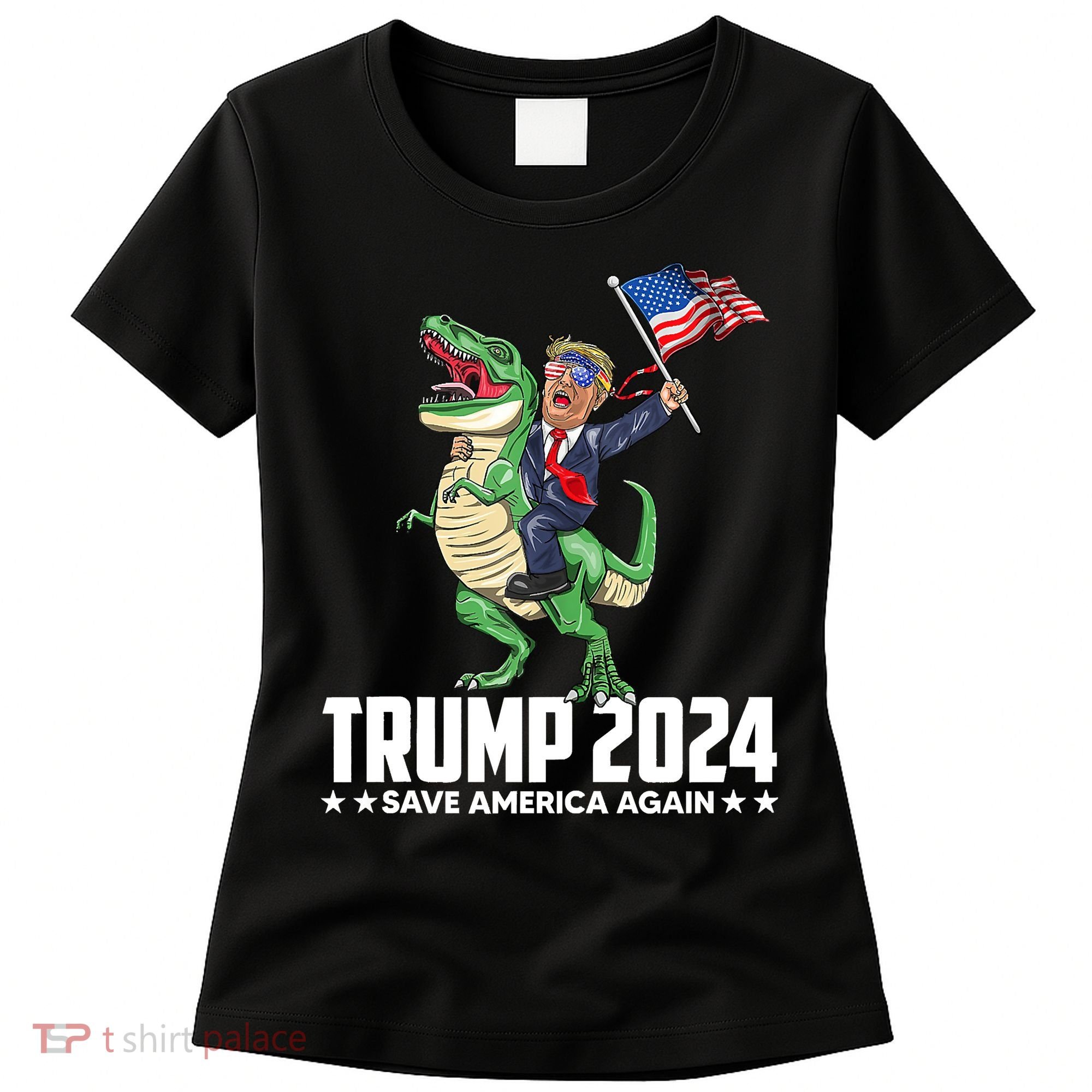 Trump Riding Dinosaur Save America Again Women's T-Shirt