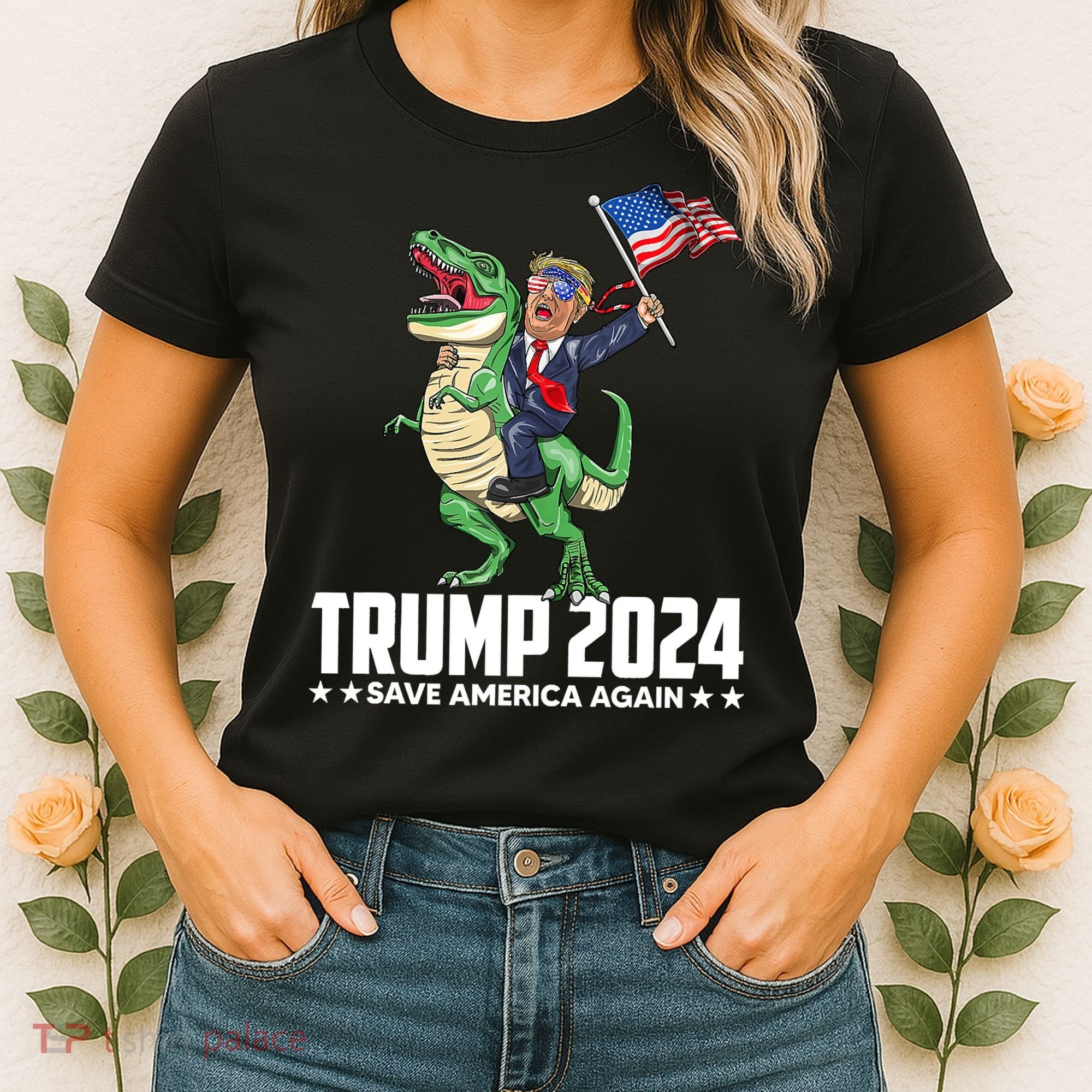 Trump Riding Dinosaur Save America Again Women's T-Shirt
