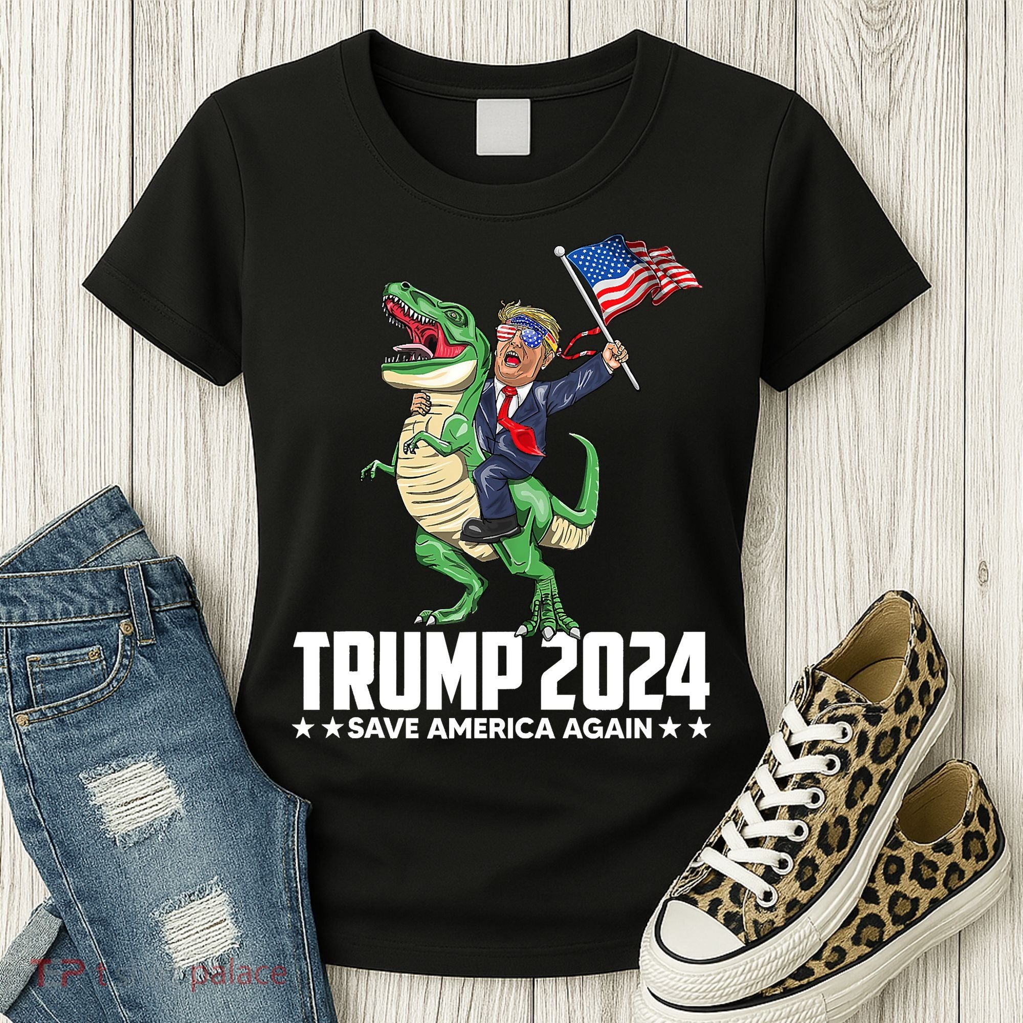 Trump Riding Dinosaur Save America Again Women's T-Shirt
