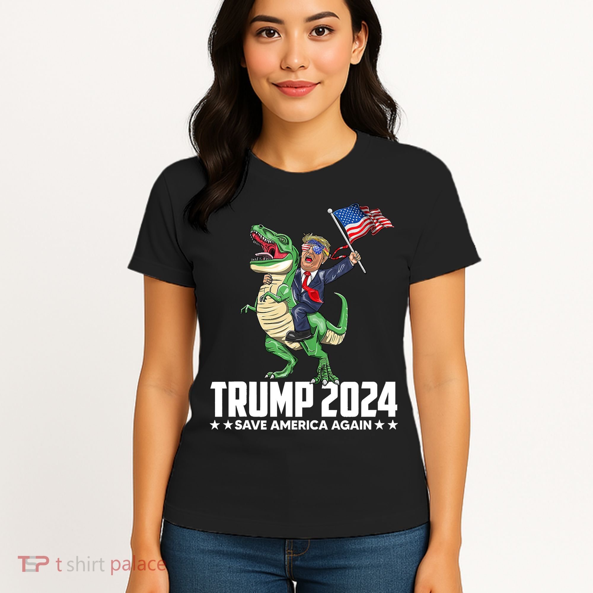 Trump Riding Dinosaur Save America Again Women's T-Shirt