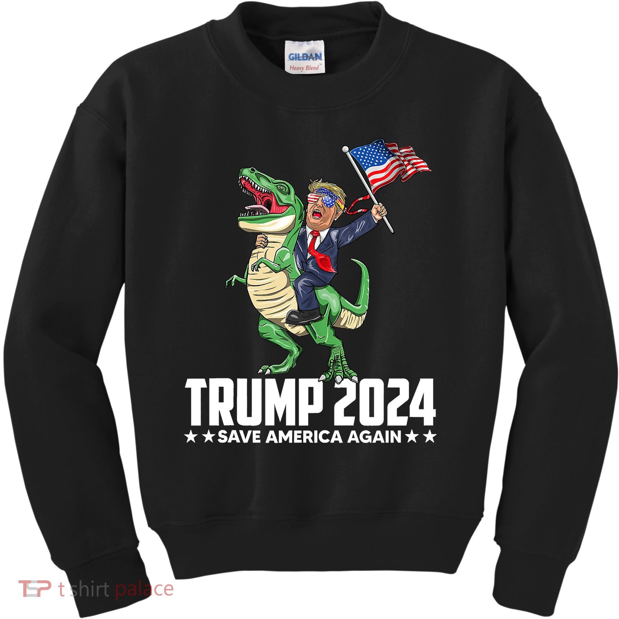 Trump Riding Dinosaur Save America Again Kids Sweatshirt