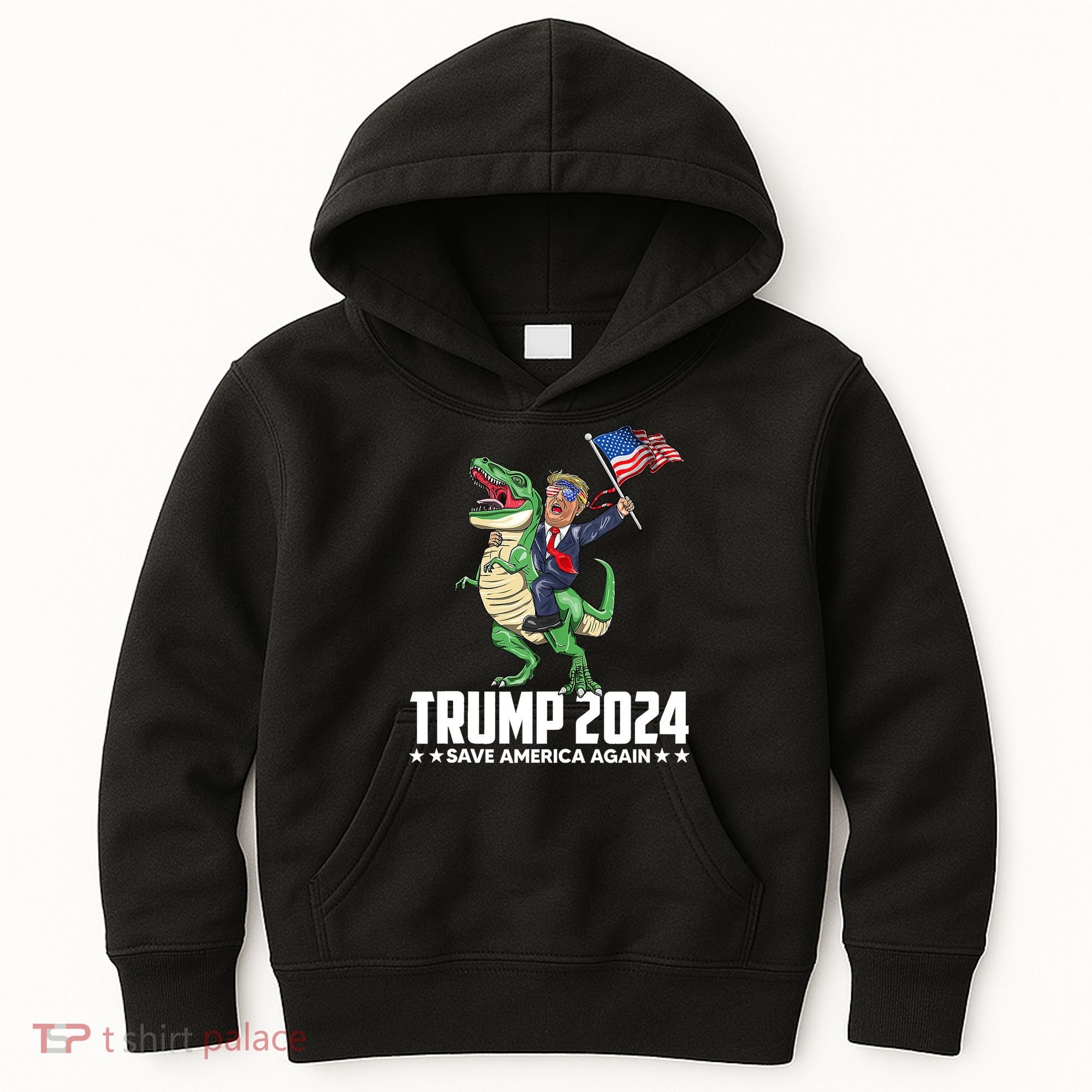 Trump Riding Dinosaur Save America Again Kids Hoodie