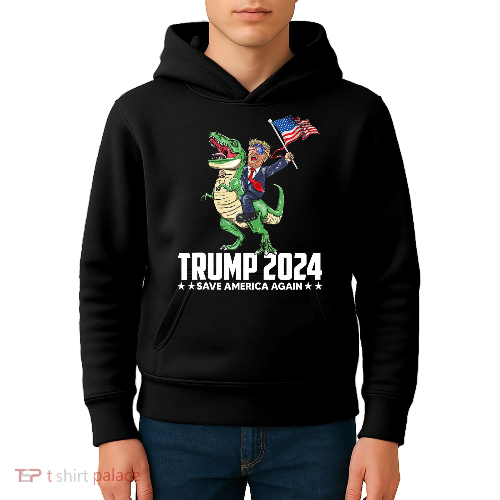 Trump Riding Dinosaur Save America Again Kids Hoodie