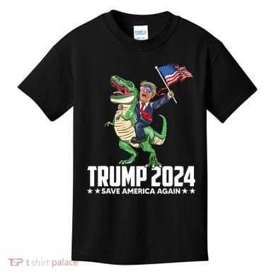 Trump Riding Dinosaur Save America Again Kids T-Shirt