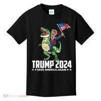 Trump Riding Dinosaur Save America Again Kids T-Shirt thumb 0