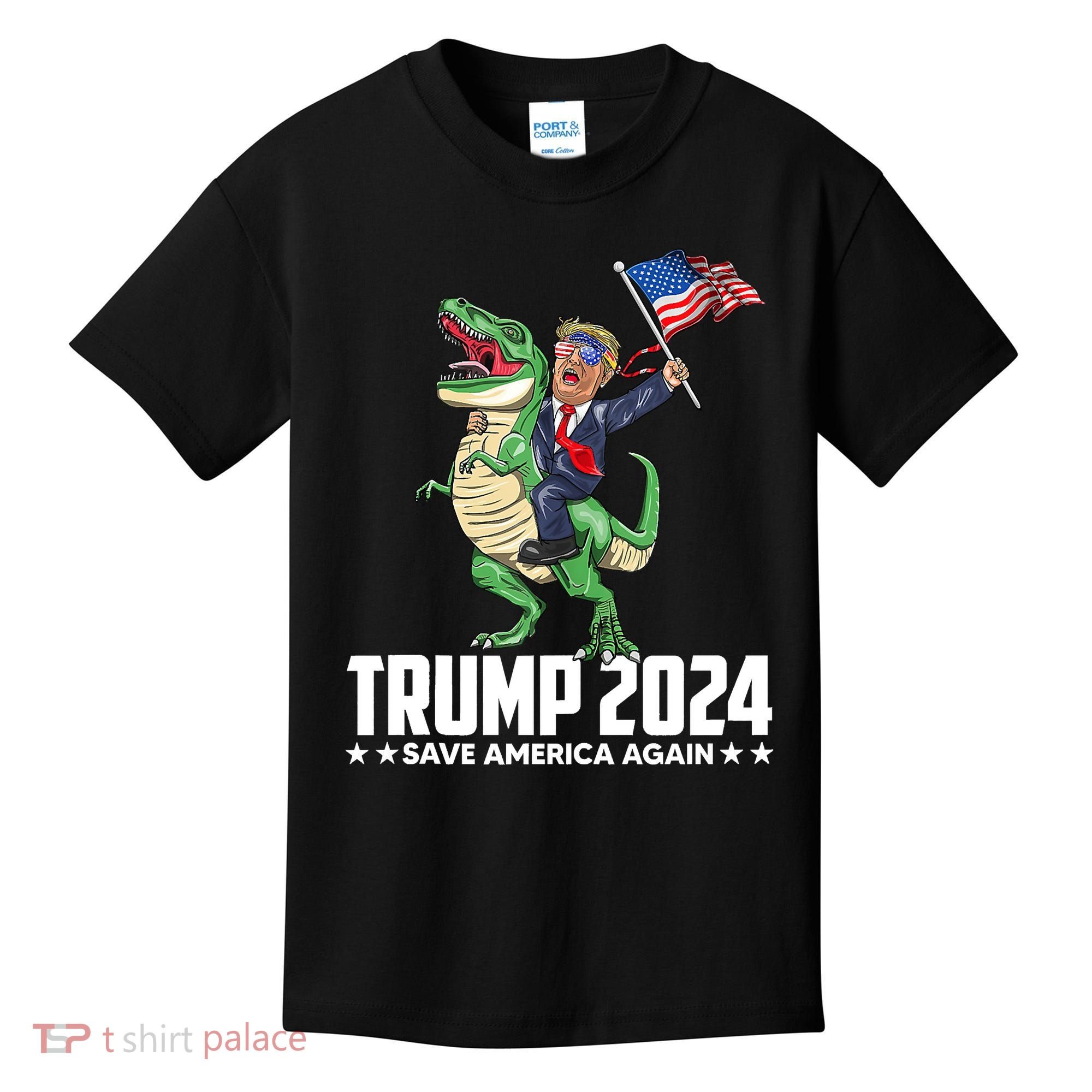 Trump Riding Dinosaur Save America Again Kids T-Shirt