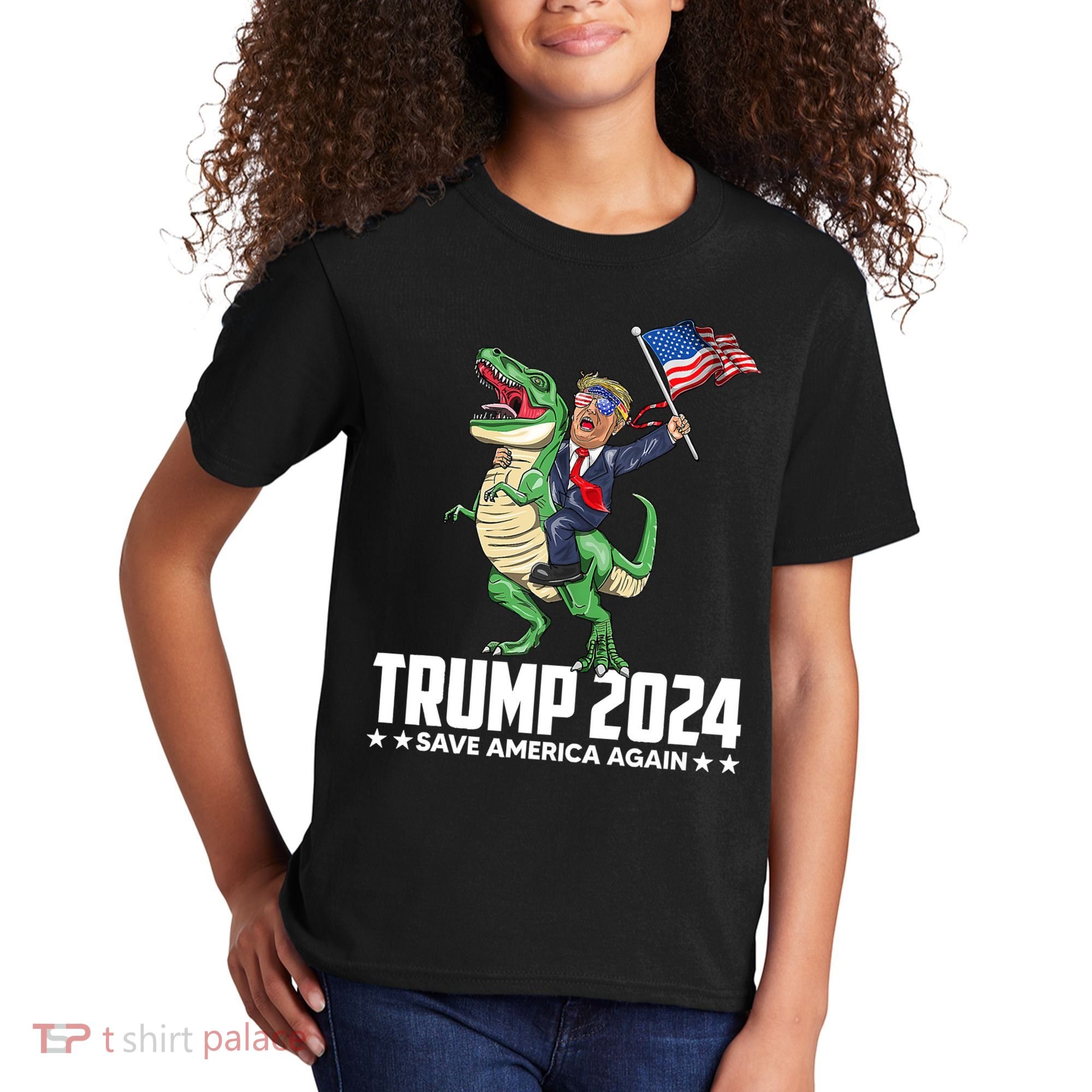 Trump Riding Dinosaur Save America Again Kids T-Shirt