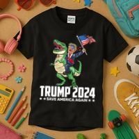 Trump Riding Dinosaur Save America Again Kids T-Shirt thumb 3