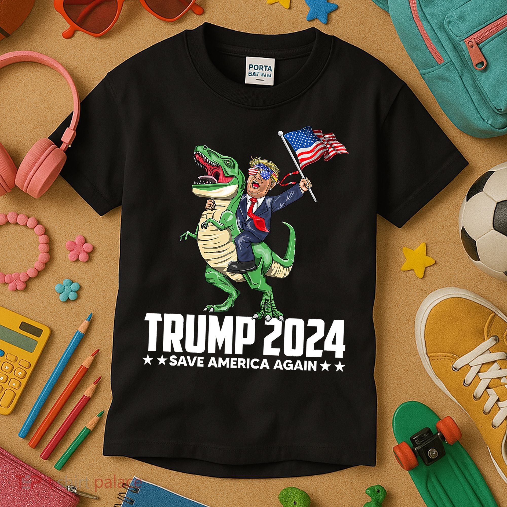 Trump Riding Dinosaur Save America Again Kids T-Shirt