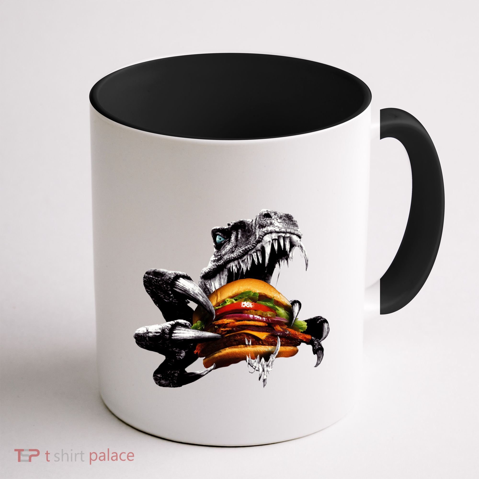 T Rex Eating Burger Coffee Mug