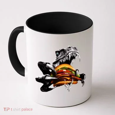 T Rex Eating Burger Coffee Mug