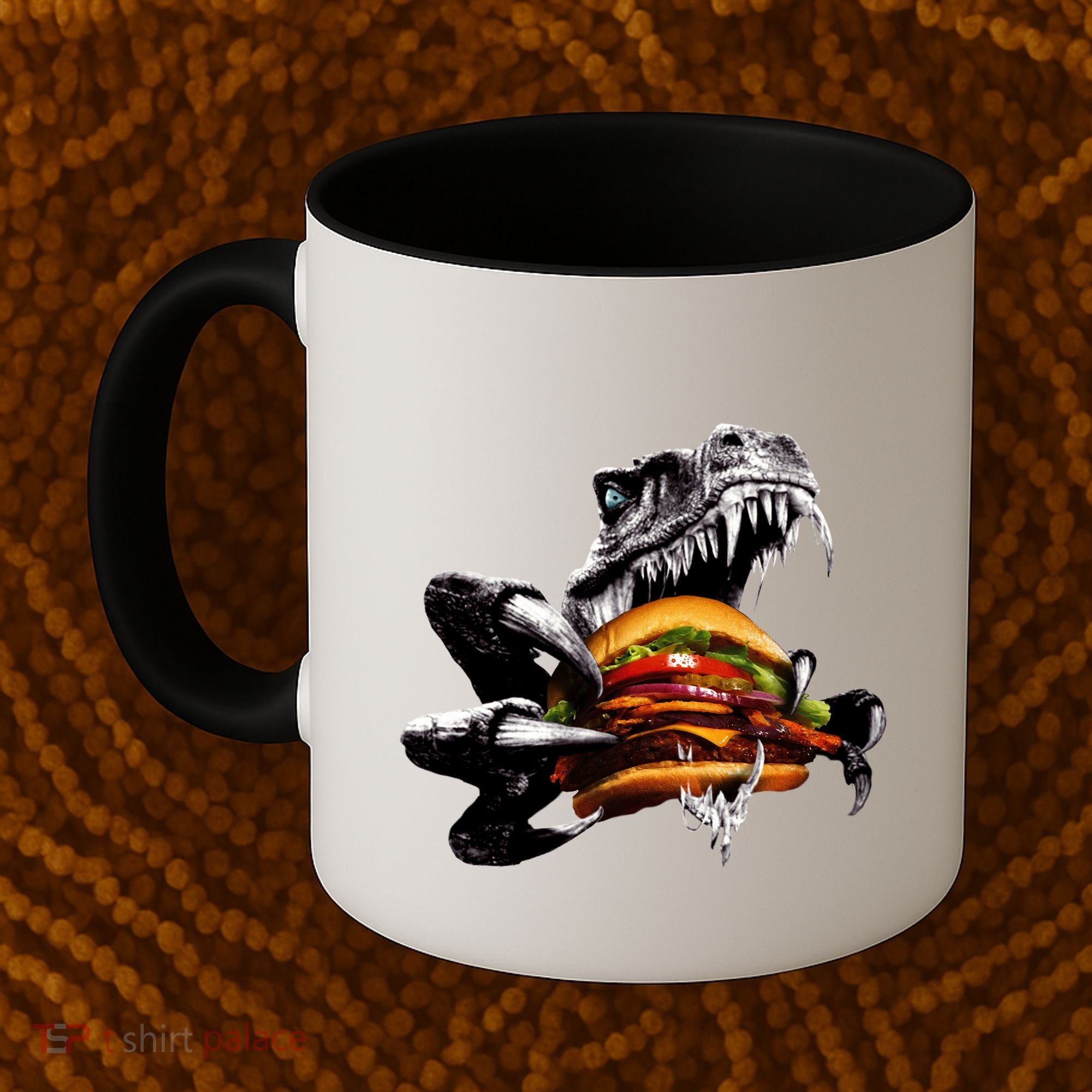 T Rex Eating Burger Coffee Mug