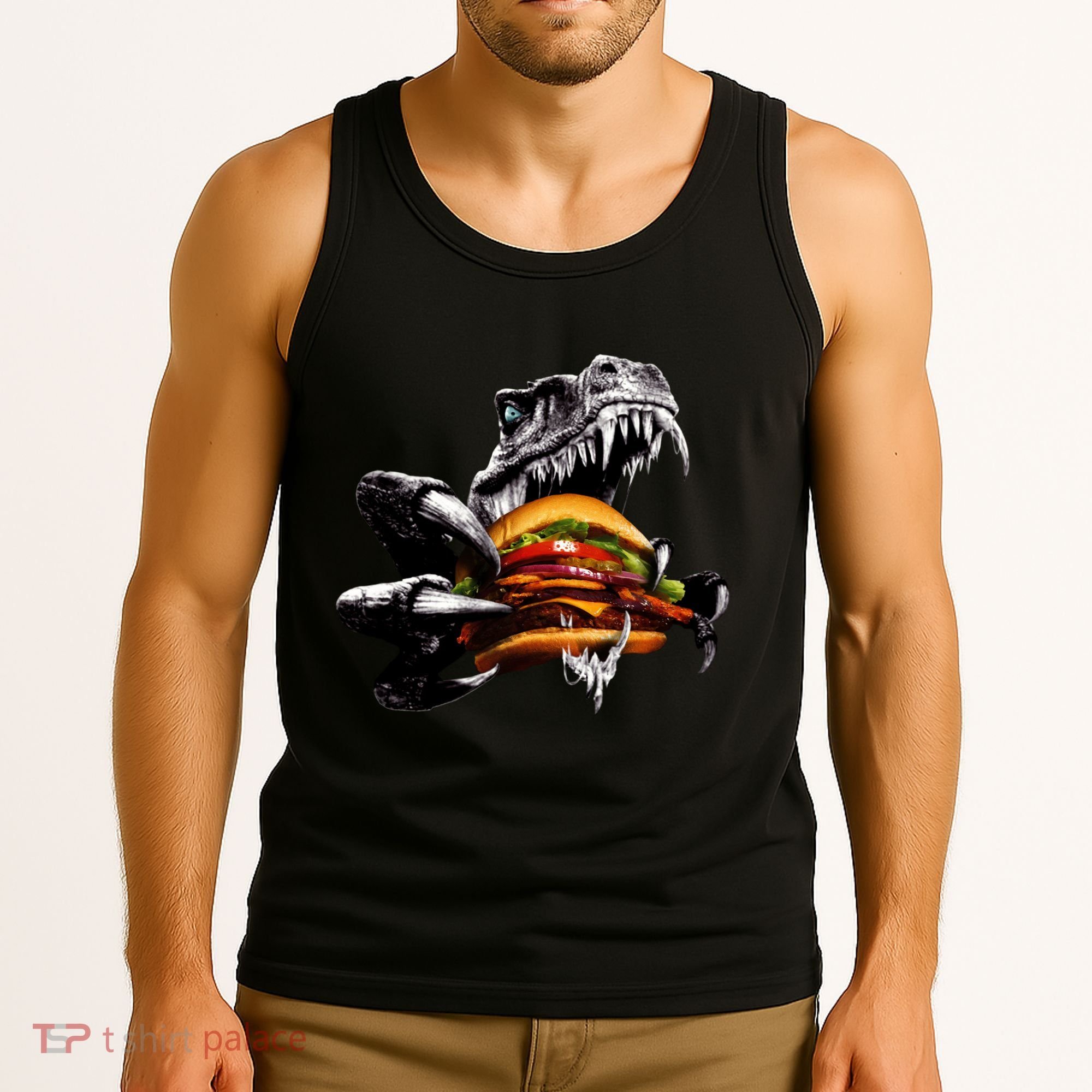 T Rex Eating Burger Tank Top