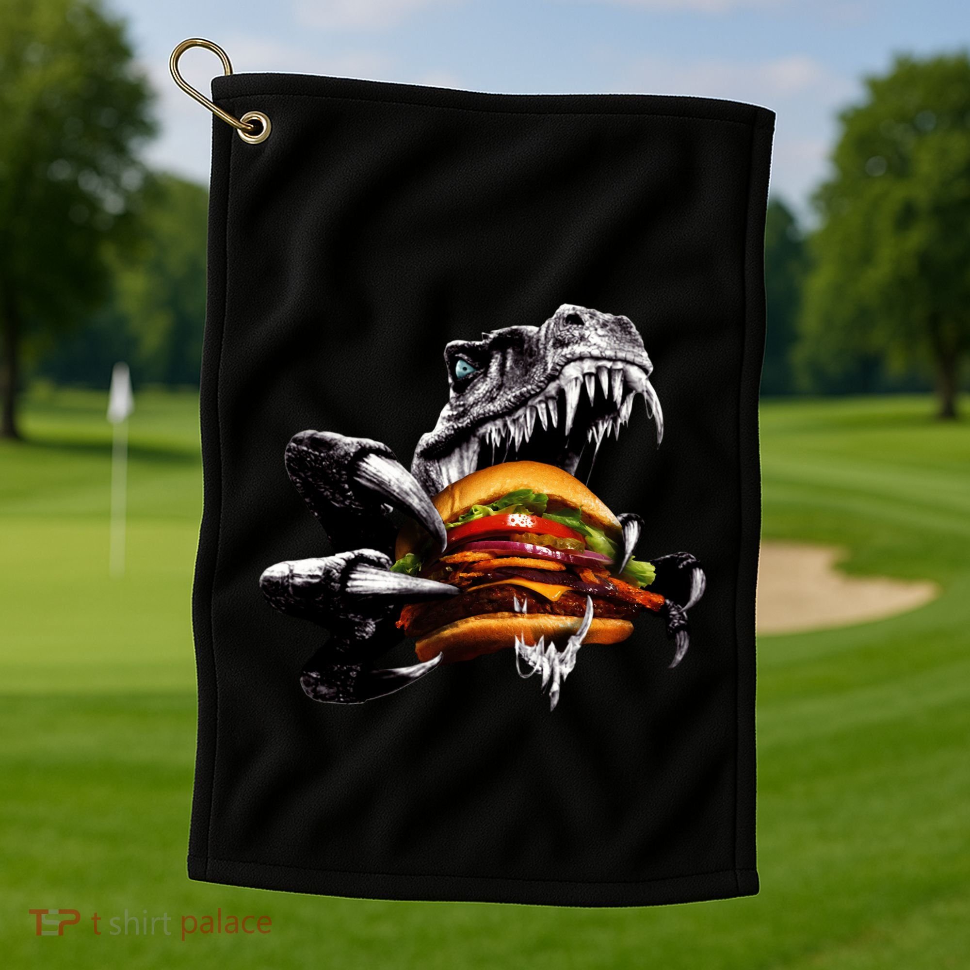T Rex Eating Burger Golf Towel