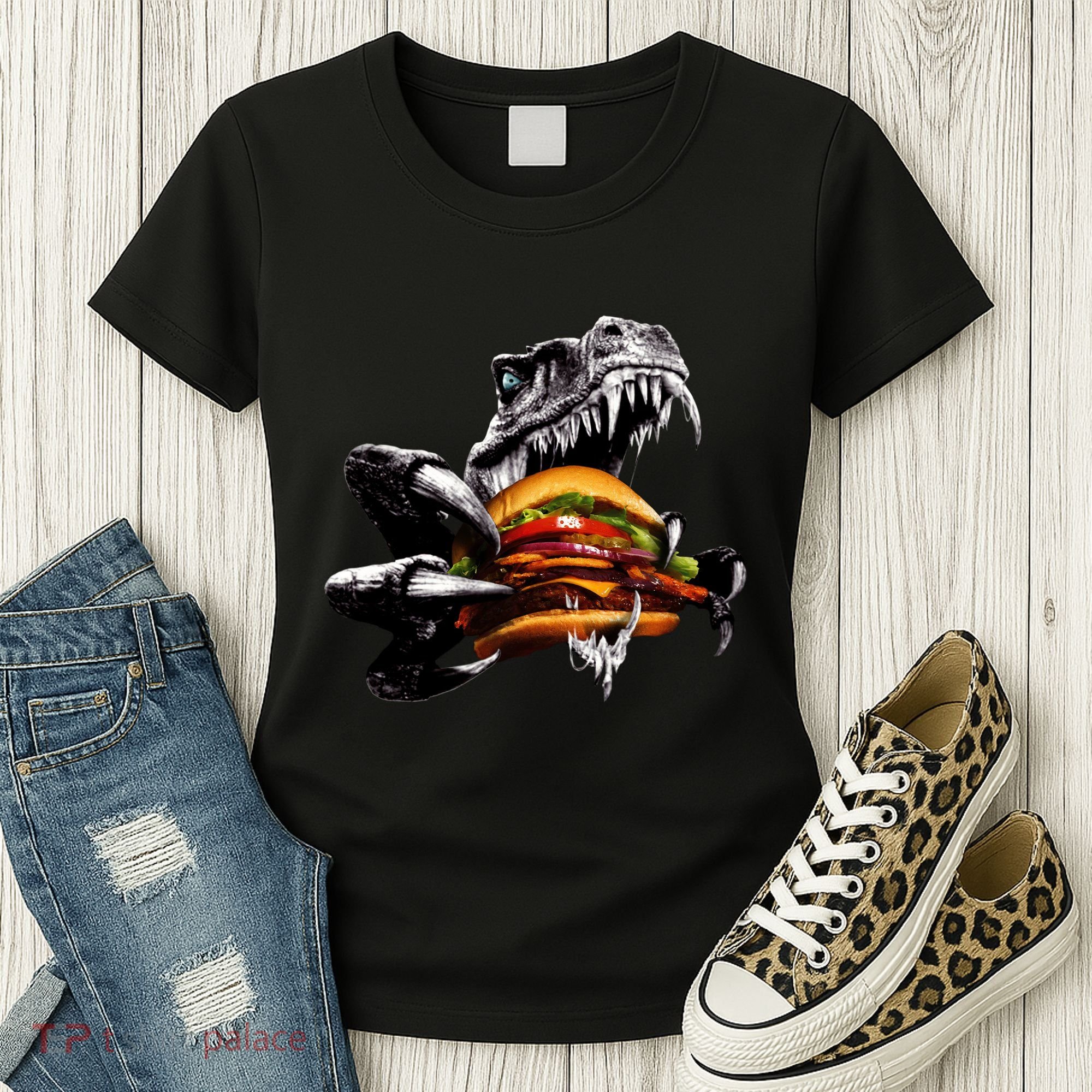 T Rex Eating Burger Women's T-Shirt