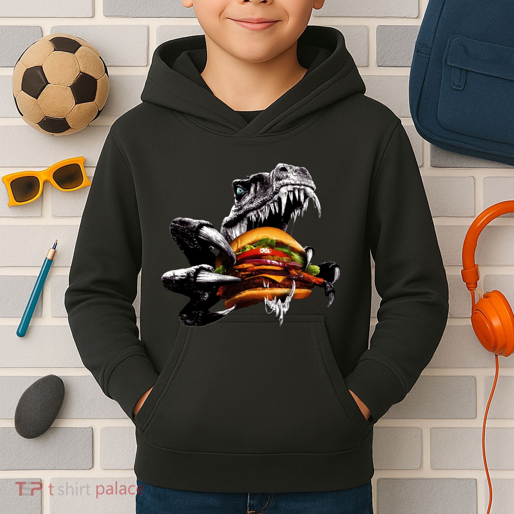 T Rex Eating Burger Kids Hoodie