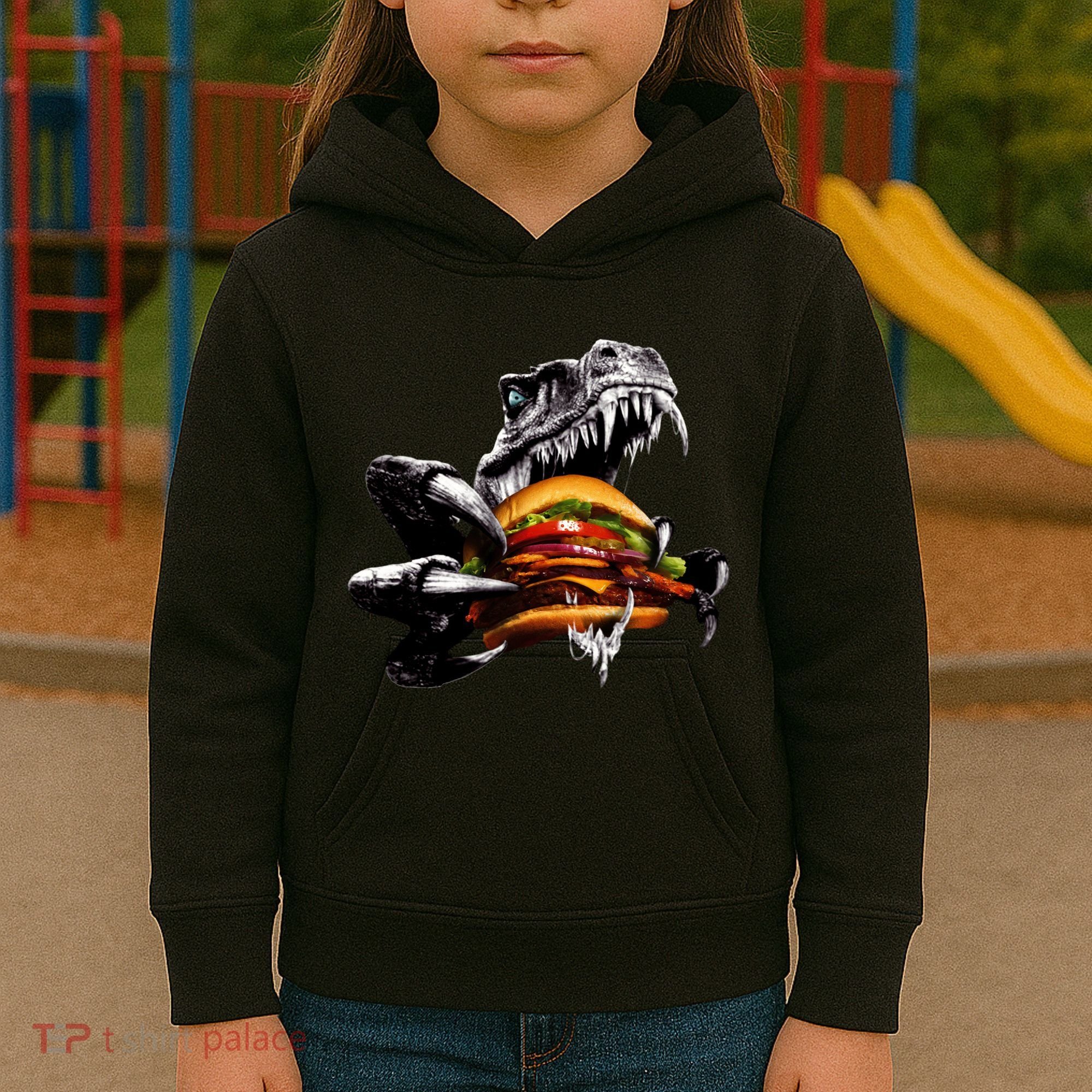 T Rex Eating Burger Kids Hoodie