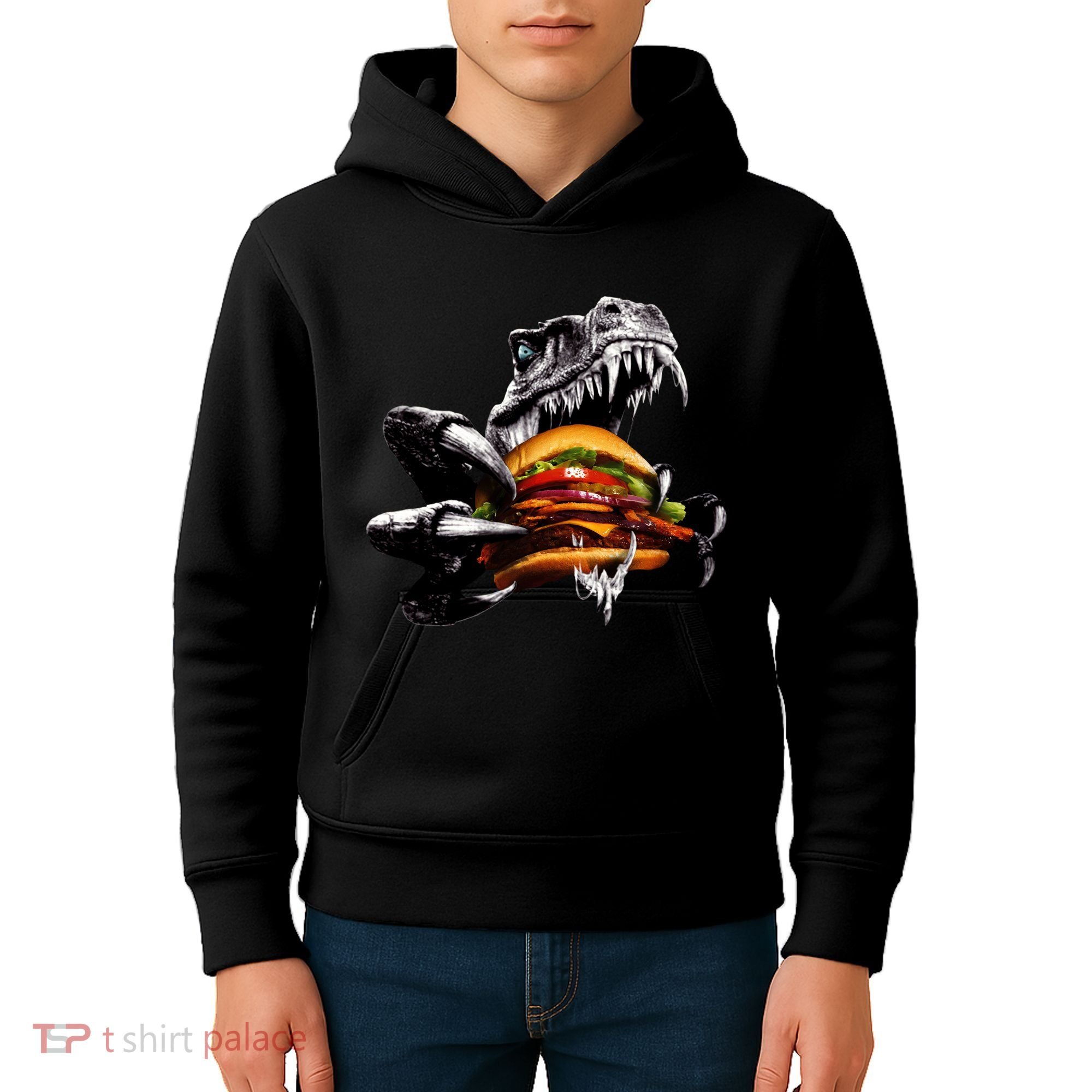 T Rex Eating Burger Kids Hoodie