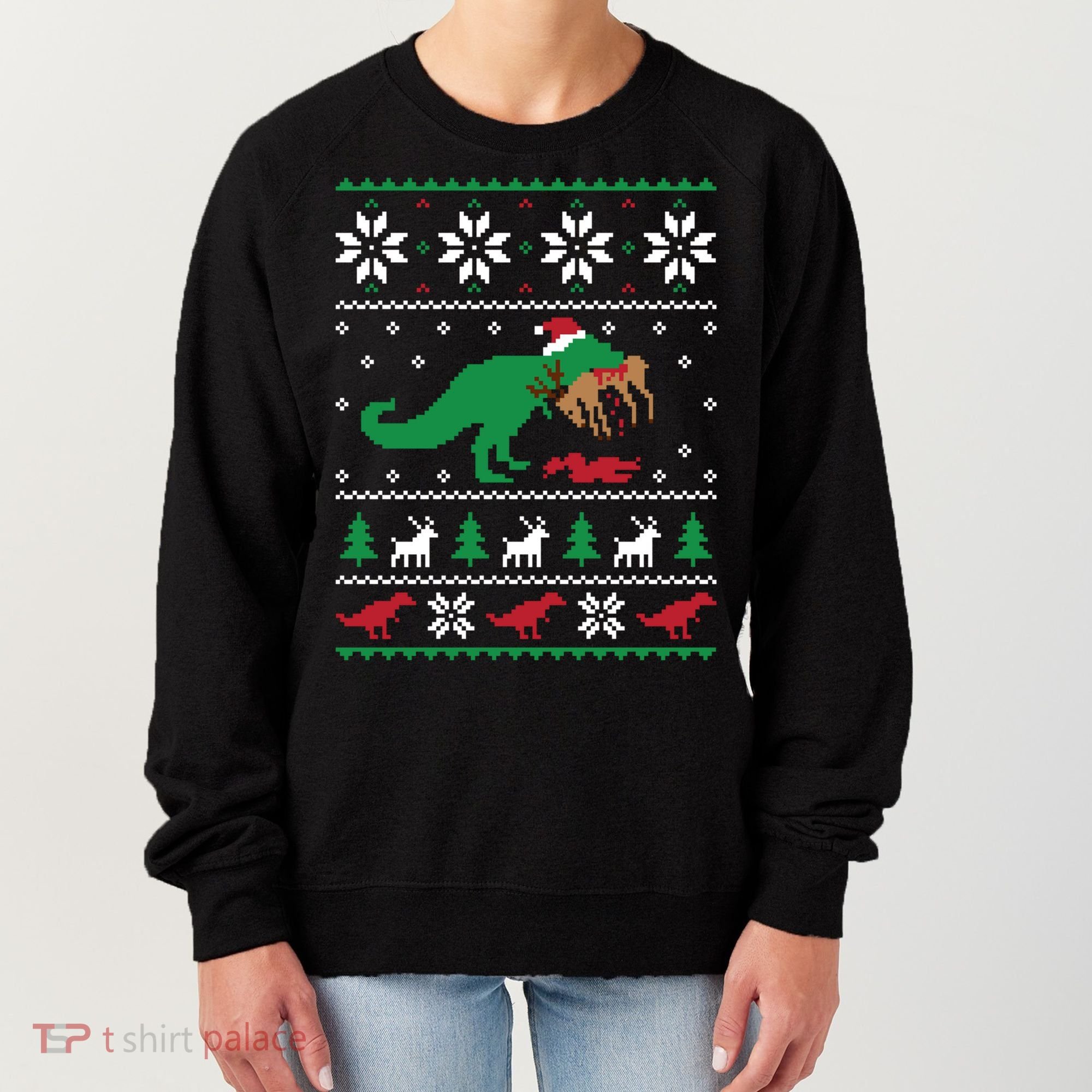 T Rex Eating Reindeer Funny Dinosaur Christmas Ugly Gift Women's Sweatshirt