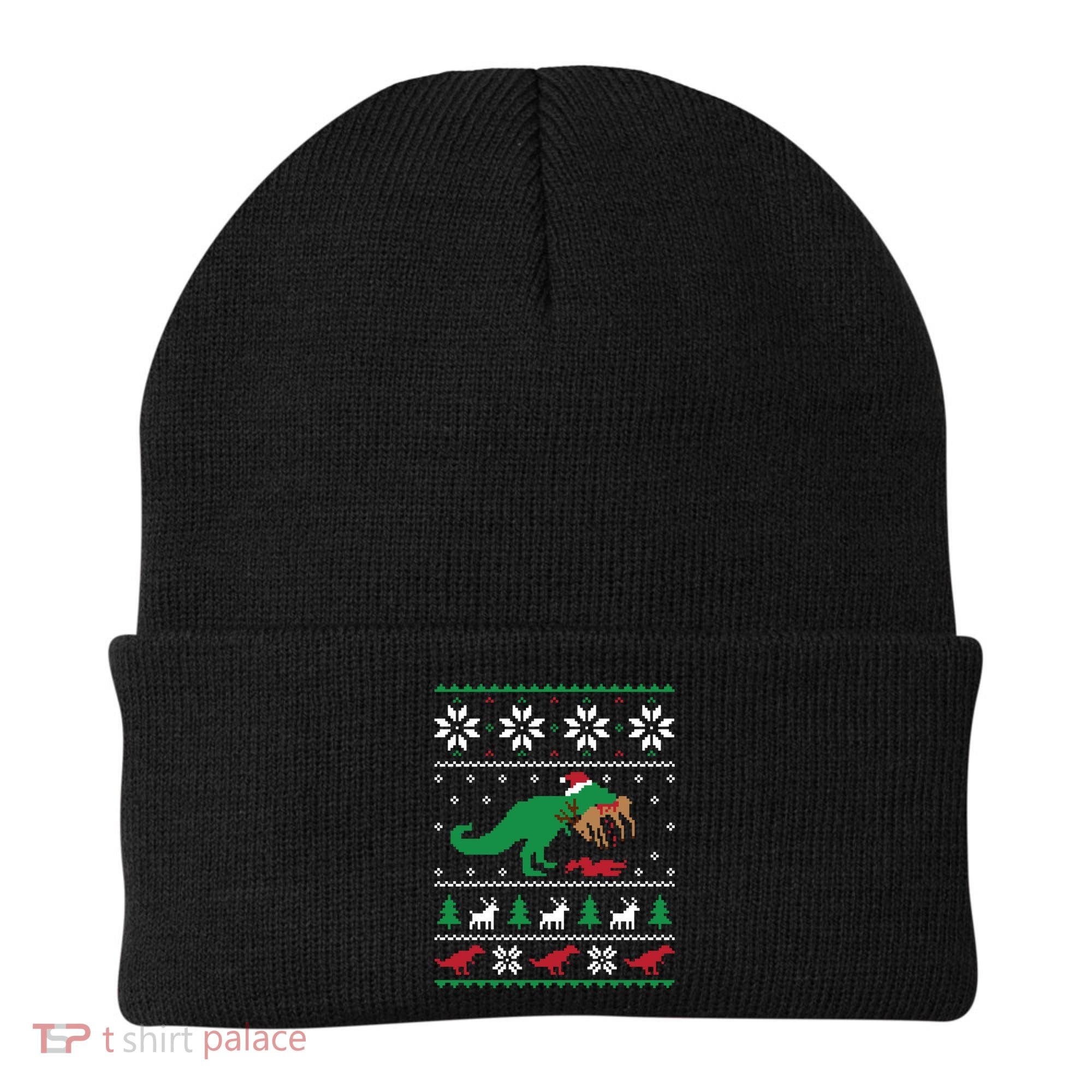 T Rex Eating Reindeer Funny Dinosaur Christmas Ugly Gift Beanie