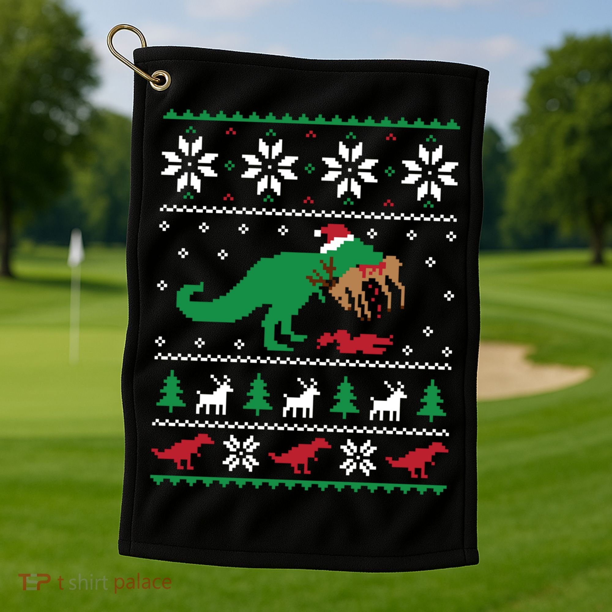 T Rex Eating Reindeer Funny Dinosaur Christmas Ugly Gift Golf Towel