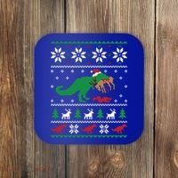 T Rex Eating Reindeer Funny Dinosaur Christmas Ugly Gift Coaster thumb 0