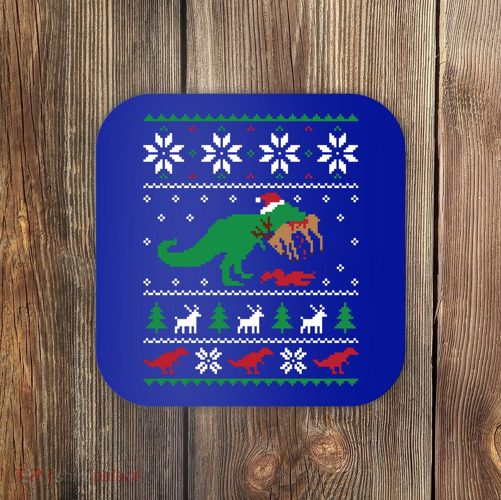 T Rex Eating Reindeer Funny Dinosaur Christmas Ugly Gift Coaster
