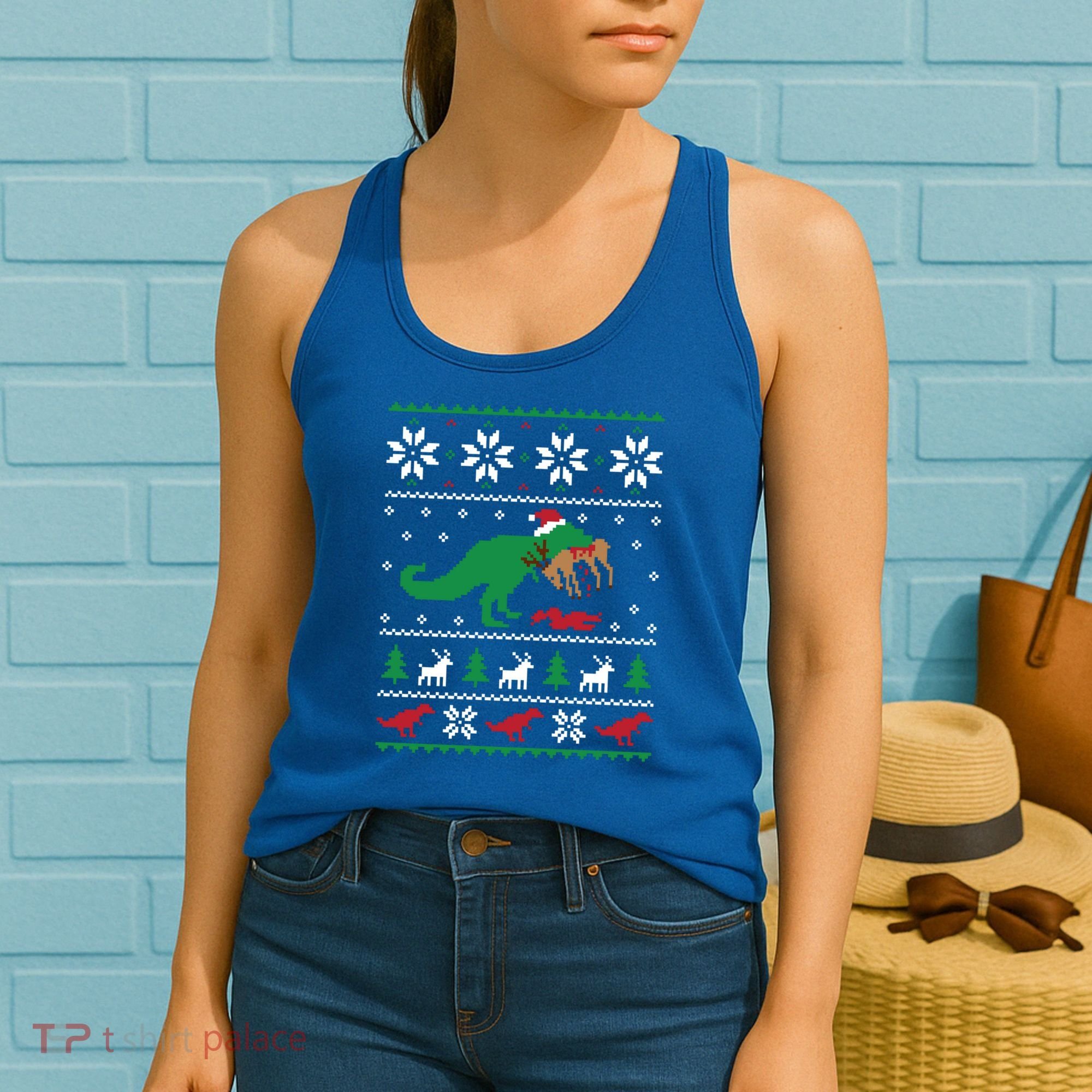 T Rex Eating Reindeer Funny Dinosaur Christmas Ugly Gift Women's Tank Top