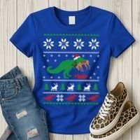 T Rex Eating Reindeer Funny Dinosaur Christmas Ugly Gift Women's T-Shirt thumb 3