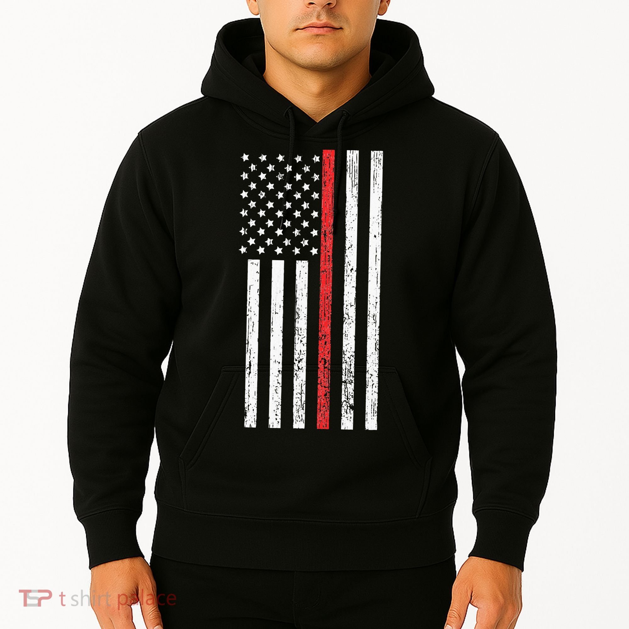 Thin RedLine Firefighter Flag Distressed Effect Hoodie