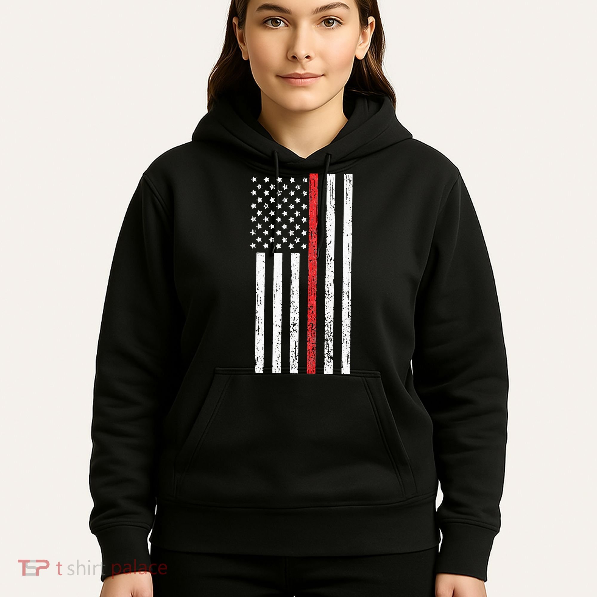 Thin RedLine Firefighter Flag Distressed Effect Hoodie