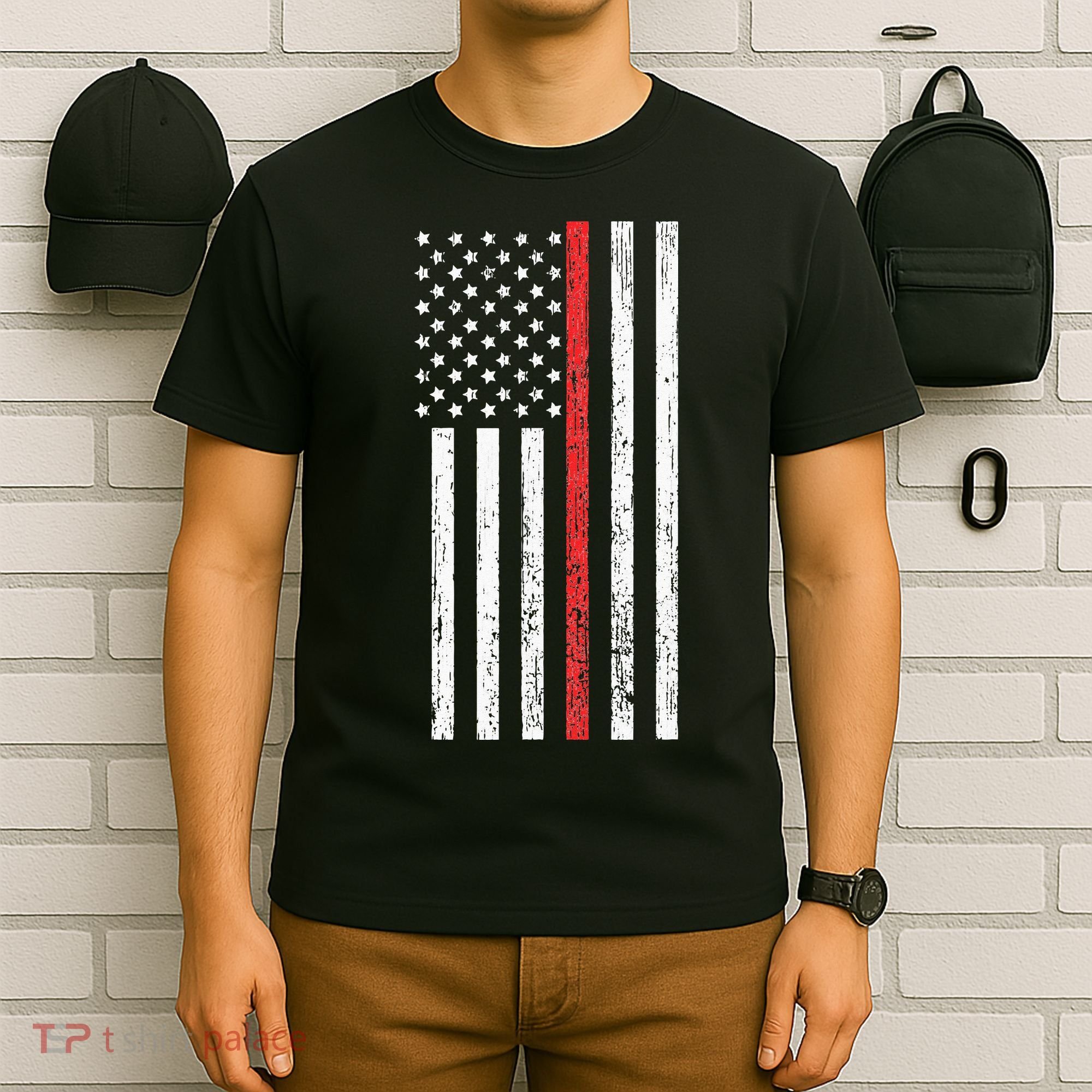 Thin RedLine Firefighter Flag Distressed Effect T-Shirt