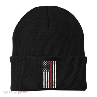 Thin RedLine Firefighter Flag Distressed Effect Beanie