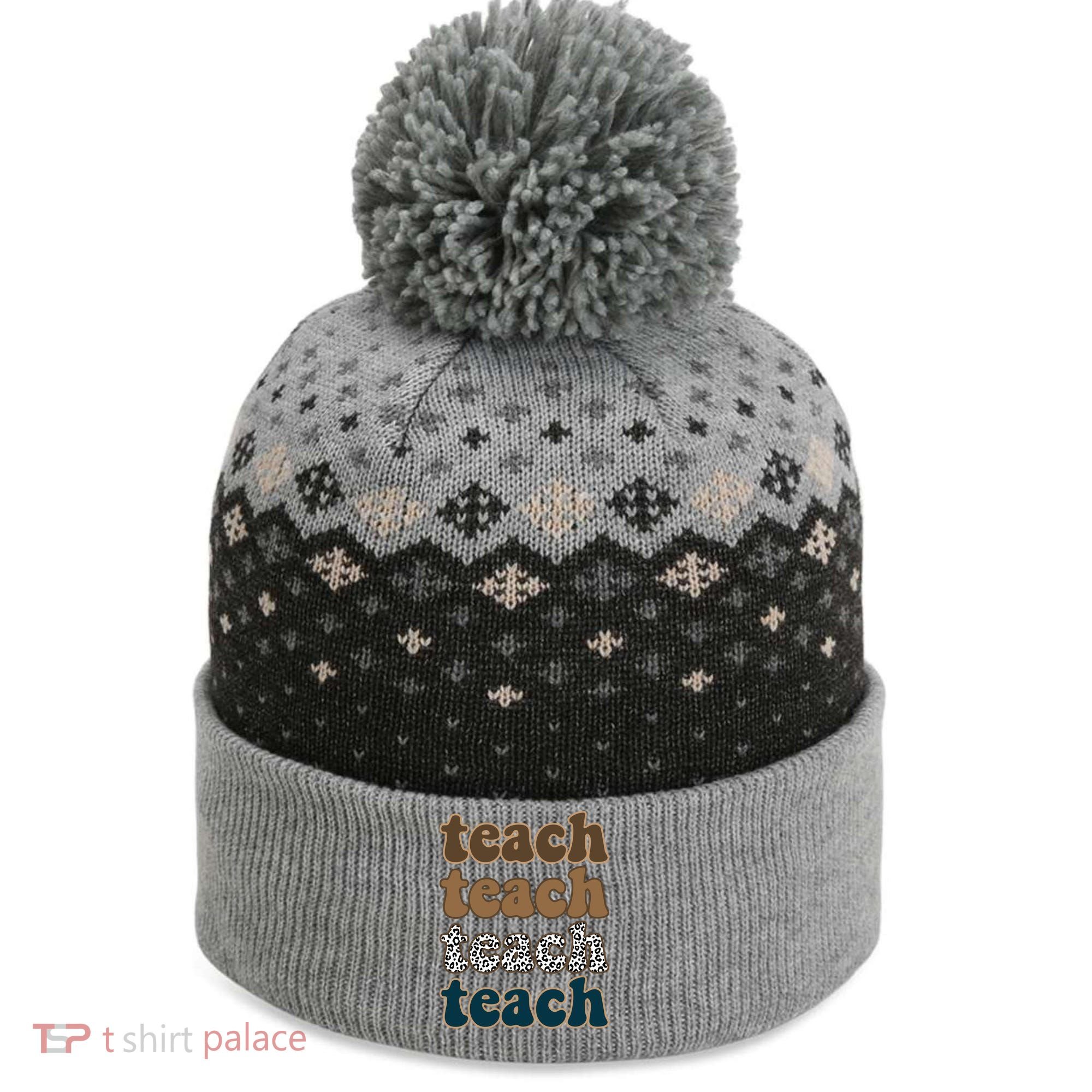 Teach Retro Gift For Teacher The Baniff Cuffed Pom Beanie