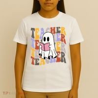 Teacher Retro Halloween Ghost T-Shirt thumb 4