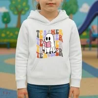 Teacher Retro Halloween Ghost Kids Hoodie thumb 3