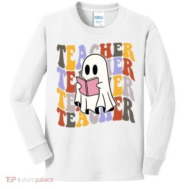 Teacher Retro Halloween Ghost Kids Long Sleeve Shirt