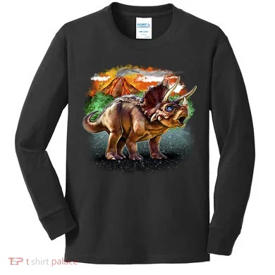 Triceratops Volcano Kids Long Sleeve Shirt