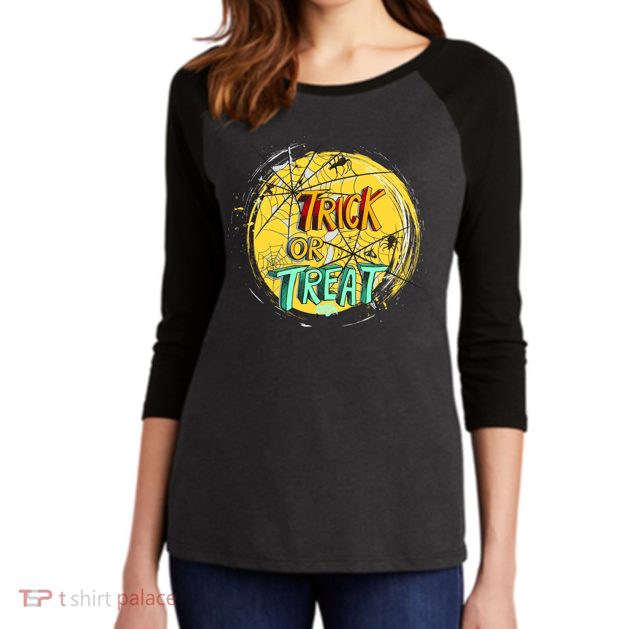 Trick or Treat Spider Web Women's Tri-Blend 3/4-Sleeve Raglan Shirt