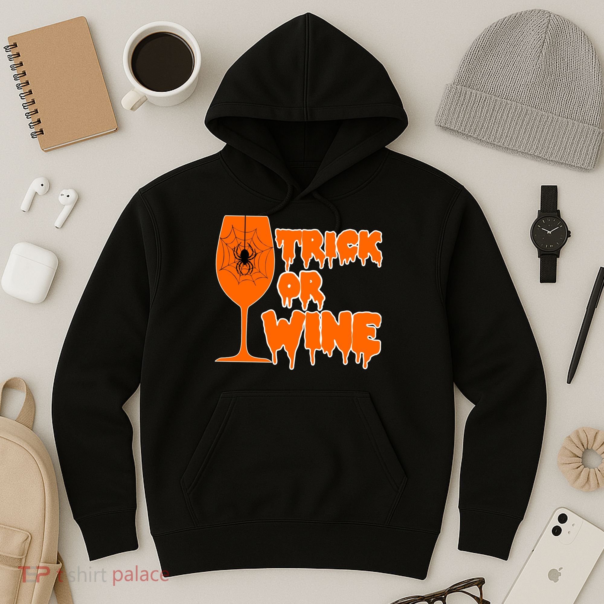 Trick or Wine Halloween Spider Web Hoodie