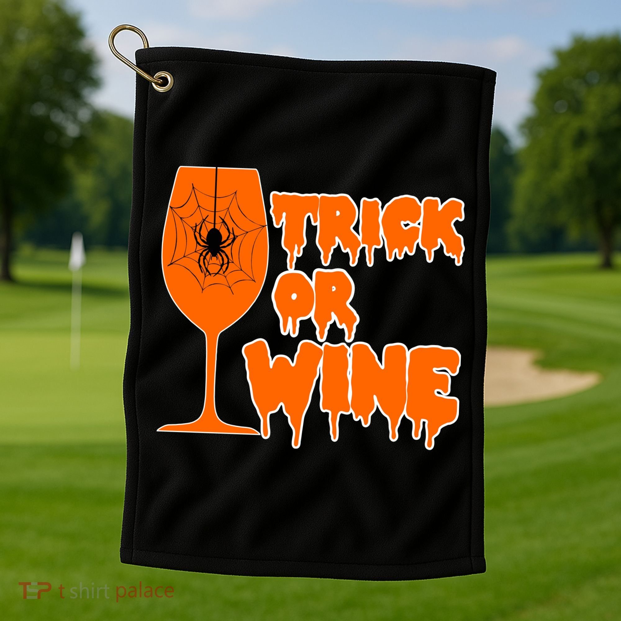 Trick or Wine Halloween Spider Web Golf Towel