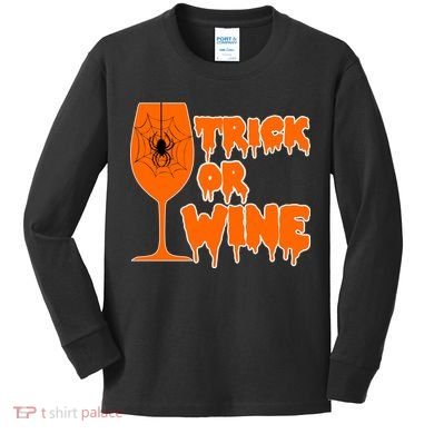 Trick or Wine Halloween Spider Web Kids Long Sleeve Shirt