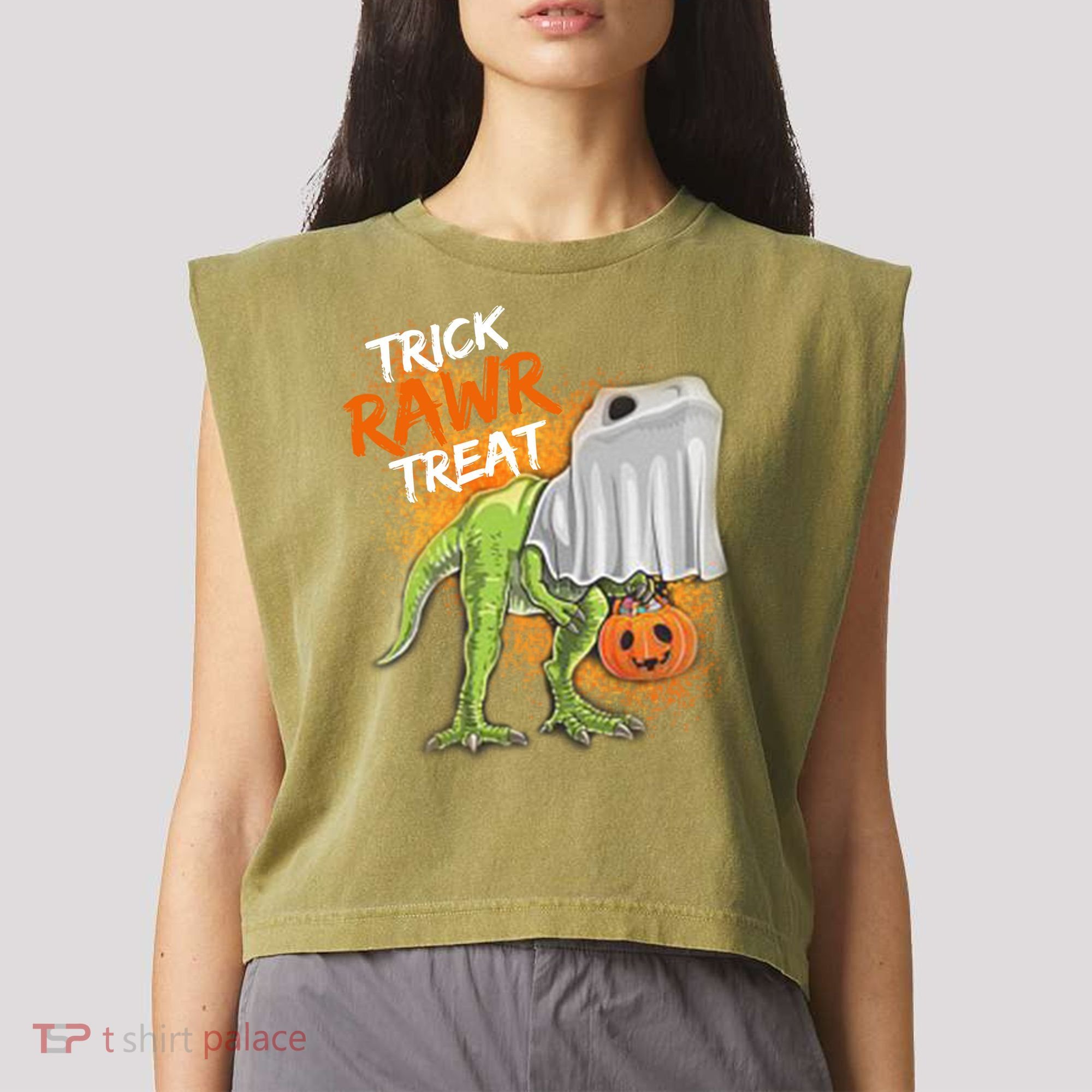 Trick Rawr Treat Halloween T Rex Dinosaur Garment-Dyed Women's Muscle Tee